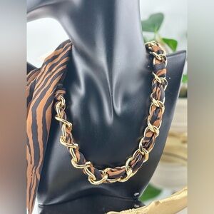 Gold Chain Necklace with Tiger-Print Scarf Wrap